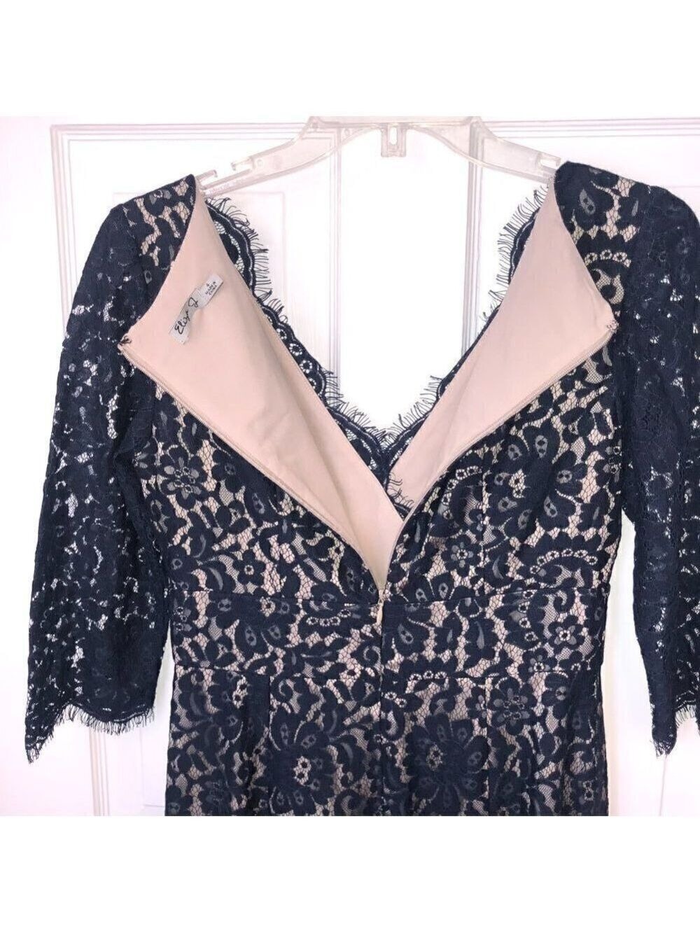 Eliza J Fit & Flare Dress Scallop V-Neck Crossover Blue Lace Overlay Lined SZ 4 - Picture 7 of 10